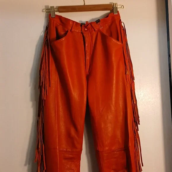 Fiorucci 1980 Vintage Red Leather Fringe Safety Jeans * Edgy Western * Sz 28 - Picture 9 of 14